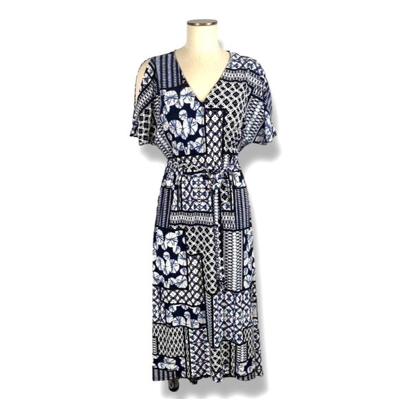 Blue Patchwork Tie-Dye Print Asymmetrical Dress with Tie Size 2X‎ 18 20 Plus Sz - Picture 1 of 8